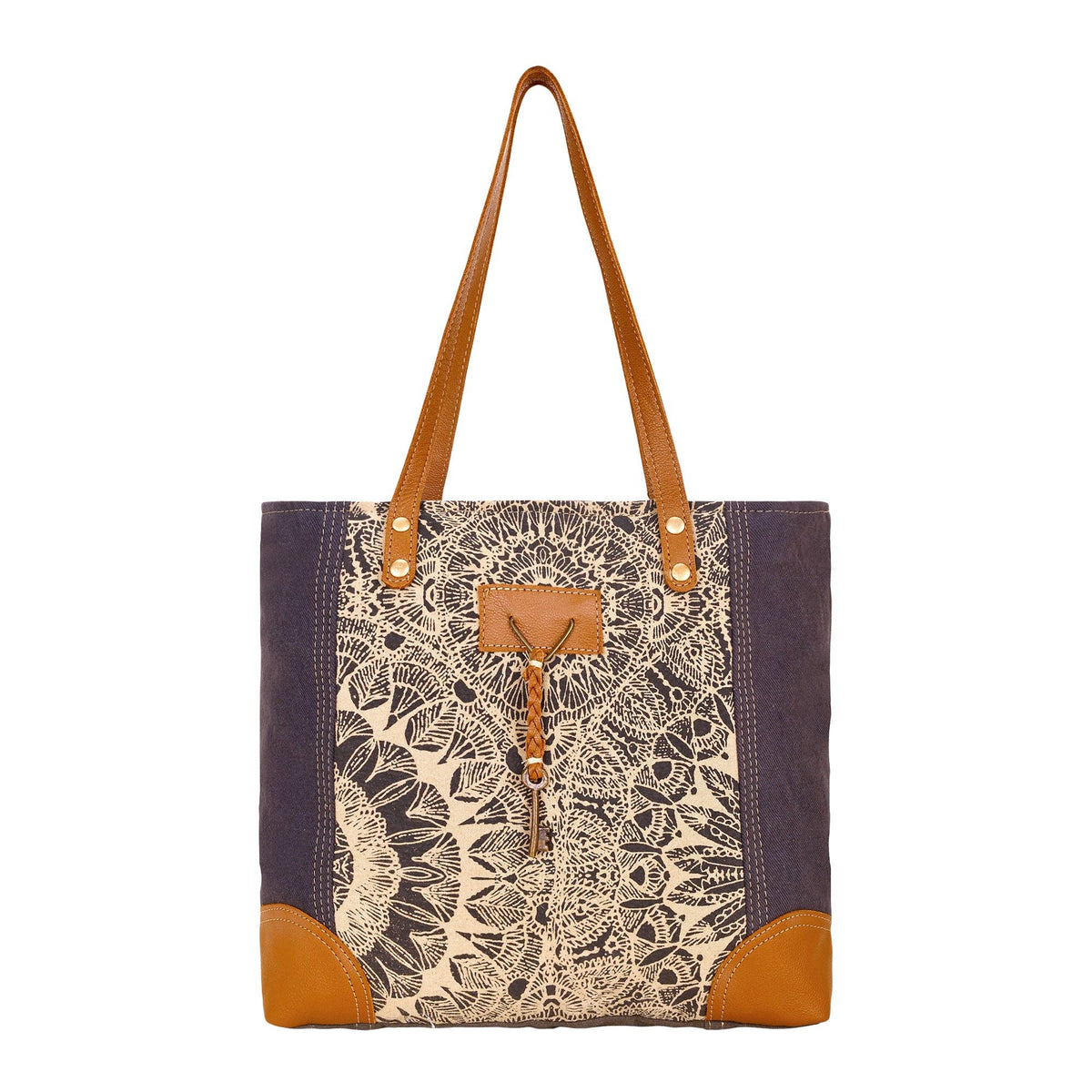 Myra Bag - Abstract Key Tote Bag in charcoal with lace print - Charcoal