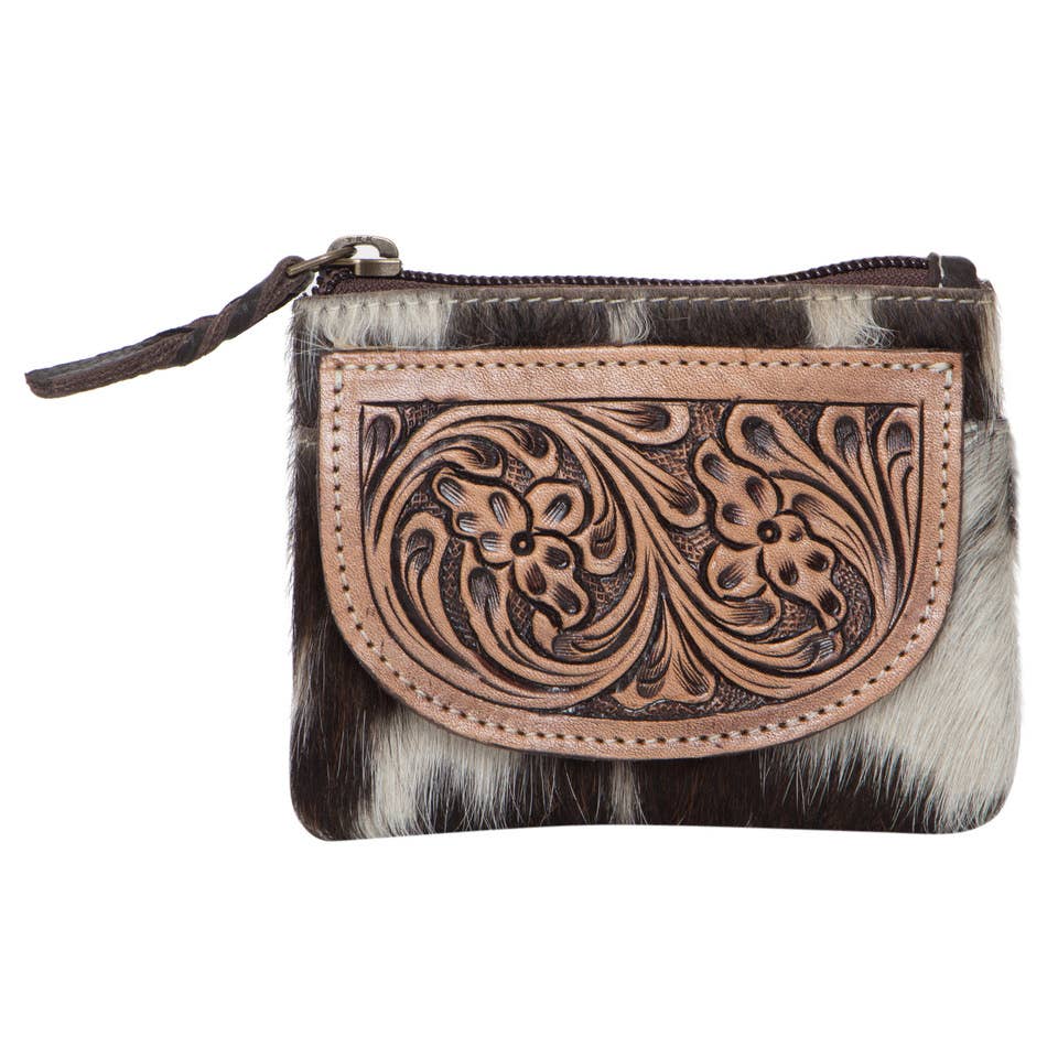 Tooling Leather Cowhide Zip Purse - Black & White