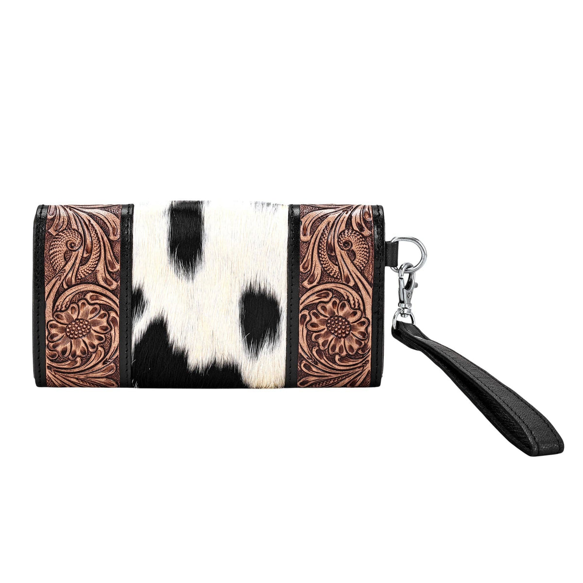 Myra Bag - Sandstone Trail Wristlet Wallet for Women in black with hair on and hand tooled steer skull - Black