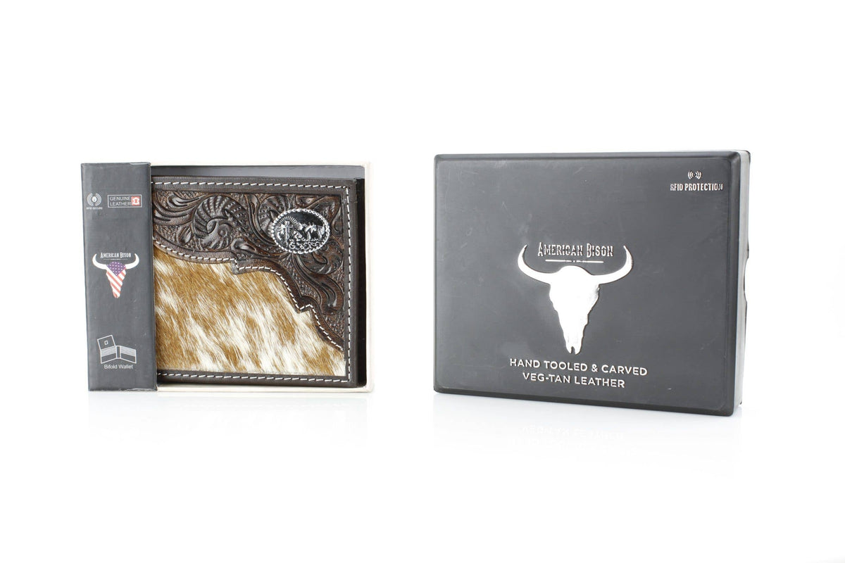 Leather Impressions Inc - Western Cowhide Bifold Wallet with Filigree Tooling & Concho - Long Horn