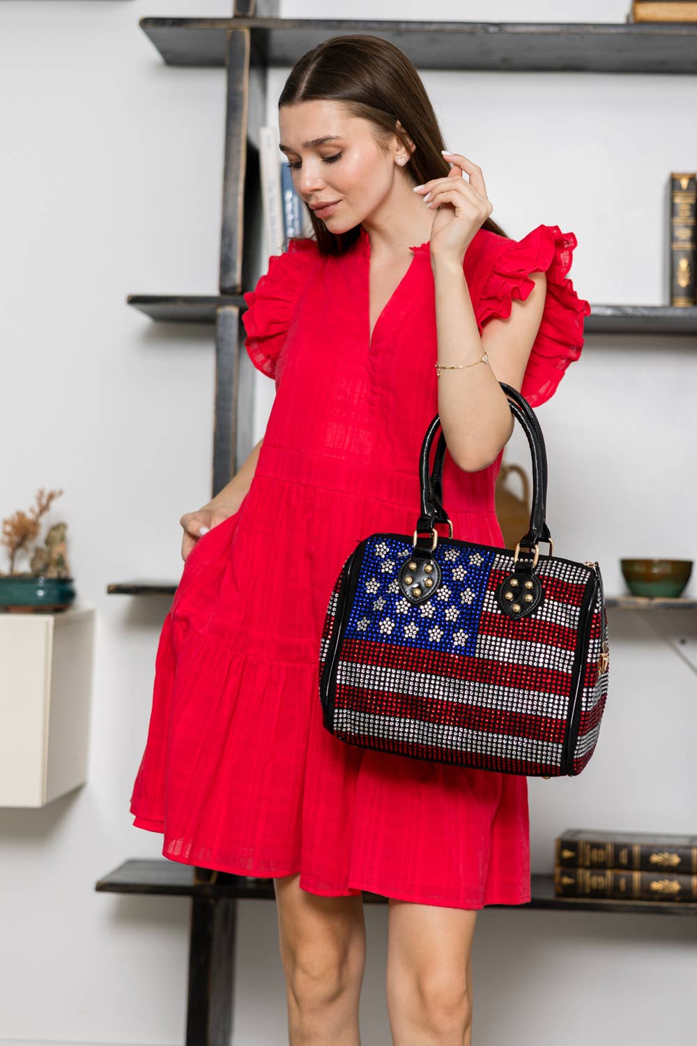 Rhinestone Flag Design Locked Satchel