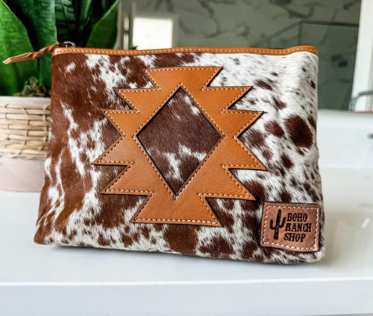 Boho Ranch Shop - COWHIDE AZTEC  MAKEUP bag Genuine Hair On travel - Black Leather
