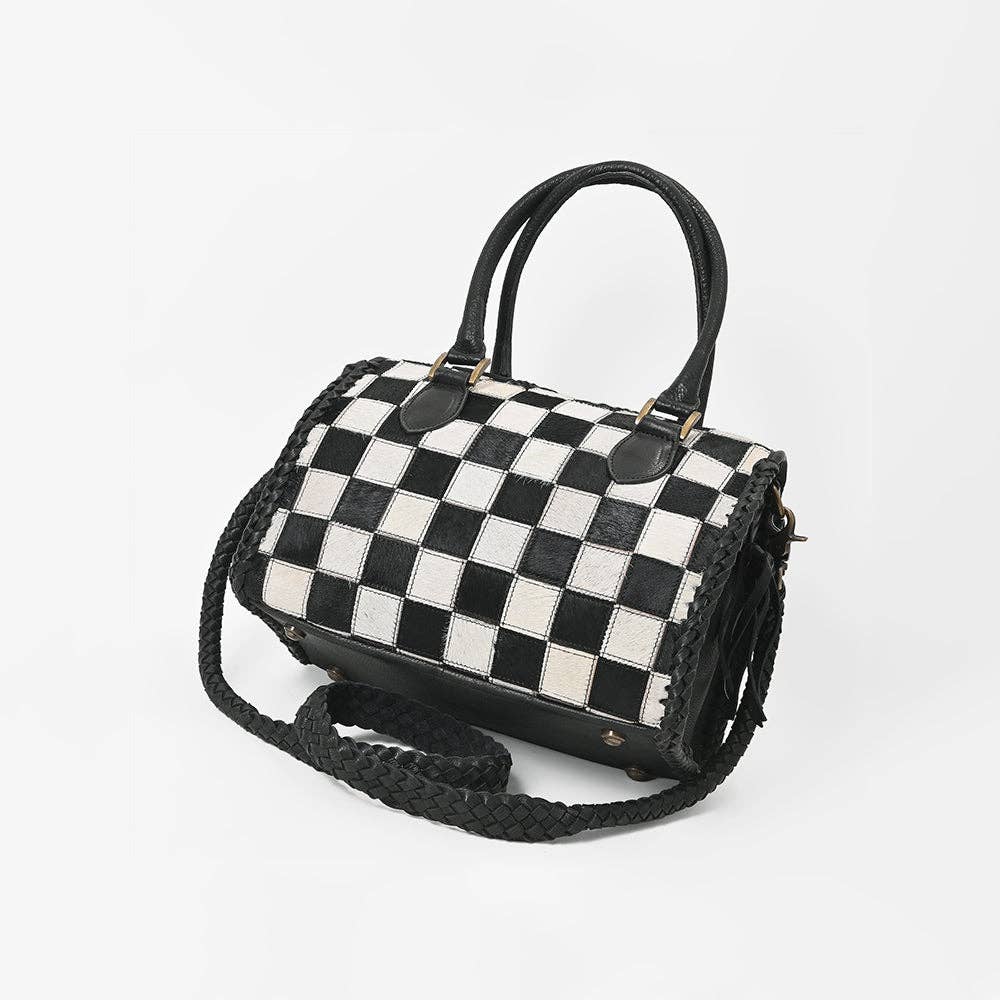 American Darling - Hair-On Hide Satchel Bag for Women Checkered Leather Handbag - ADBGM860A