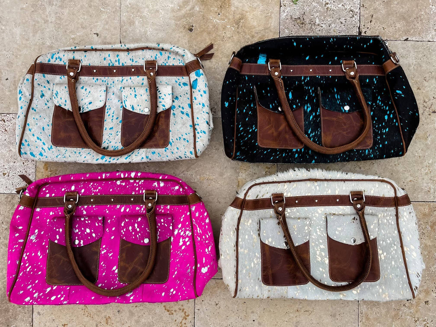 Boho Ranch Shop - Weekender Duffle Leather Hair On Cowhide Duffel Travel Bag - Brown +White Cowhide