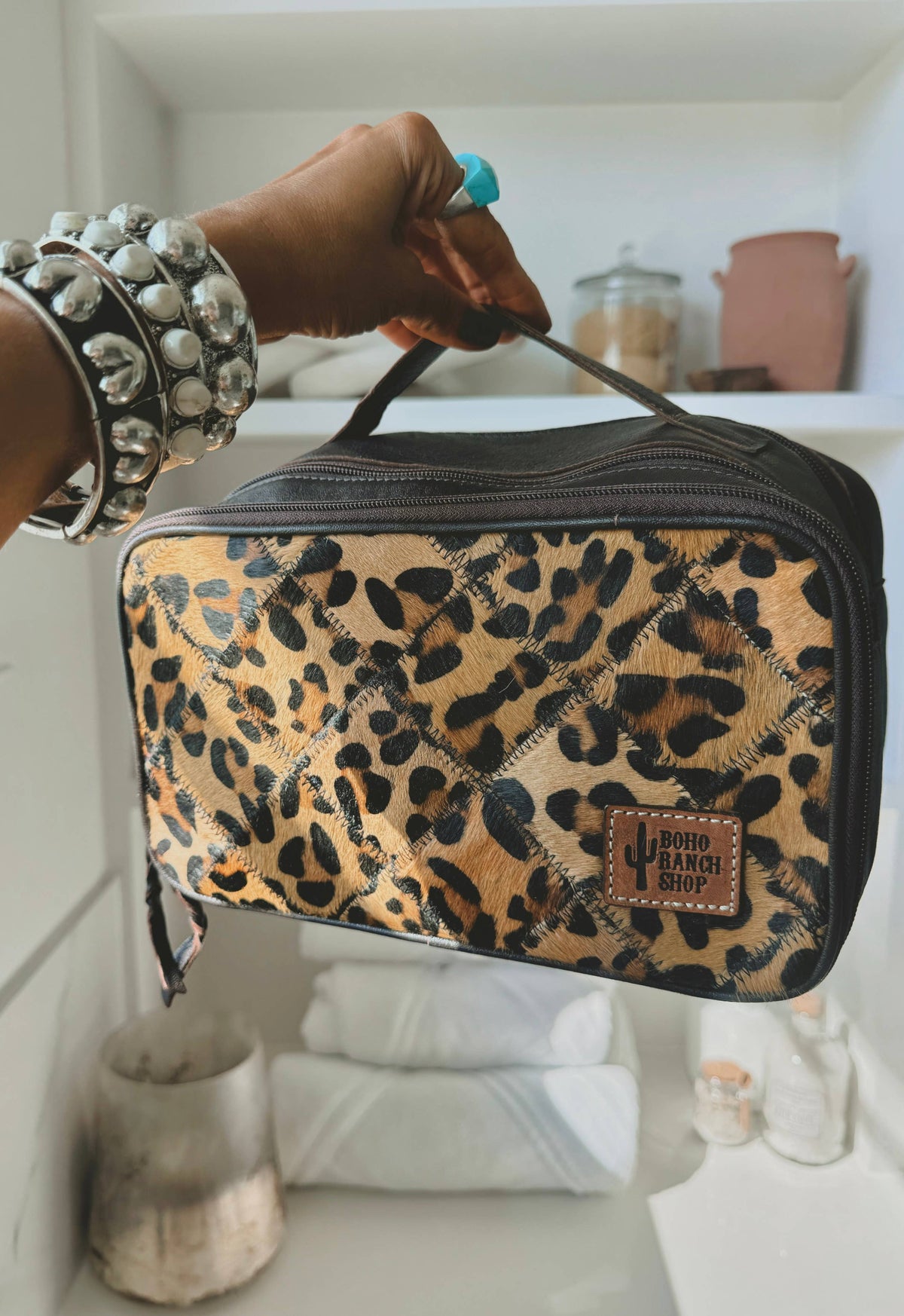 Boho Ranch Shop - MUA COWHIDE COSMETICS TRAVEL bag Genuine Leather makeup mua - TAN + WHITE COWHIDE