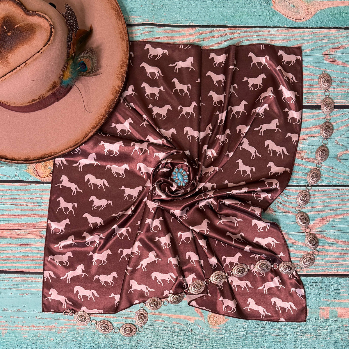 Avery - AVS-6906 HORSES PRINT SILK SQUARE WILD RAG 28X28 - Brown/Ivory