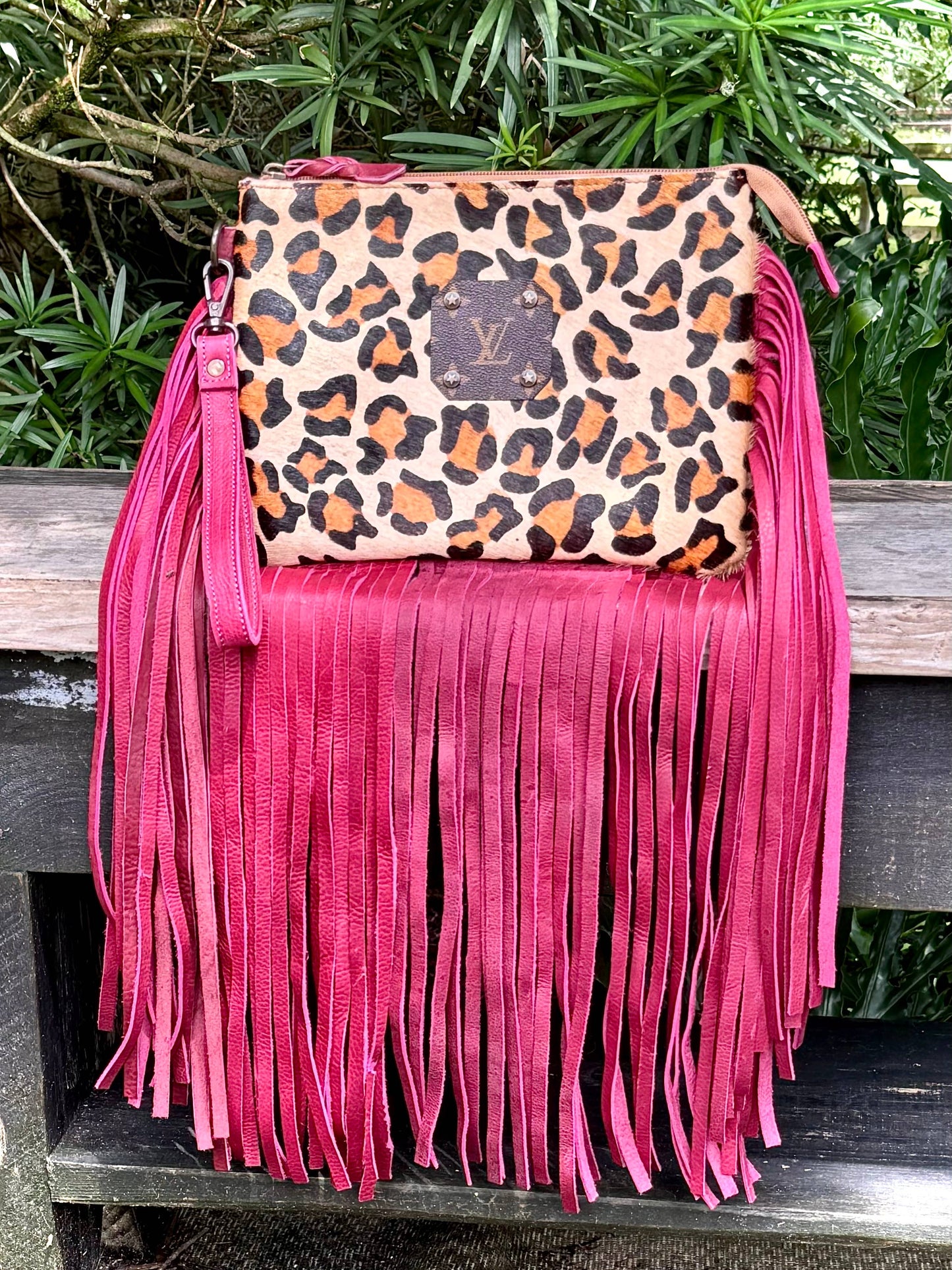 Southern Junkie Gypsy Boutique - Upcycled LV Leopard Print Cowhide Leather Fringe Wristlet 