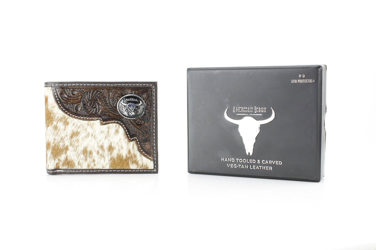 Leather Impressions Inc - Western Cowhide Bifold Wallet with Filigree Tooling & Concho - Long Horn