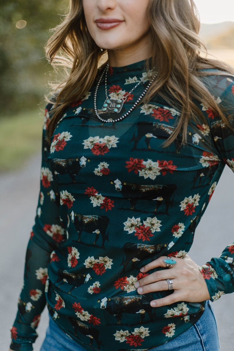 Sterling Kreek - Poinsettias on the Prairie Mesh Top - L