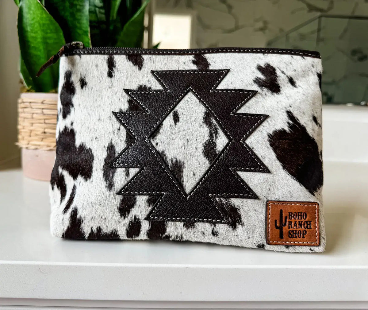 Boho Ranch Shop - COWHIDE AZTEC  MAKEUP bag Genuine Hair On travel - Black Leather