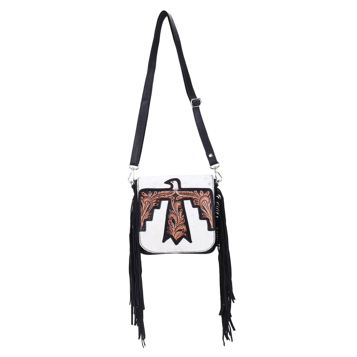 Sixtease Bags USA - Leather Cowhide Western Hand Tooled Women Small Crossbody - Black White Cowhide Inlay with Tan Floral Hand Tooled