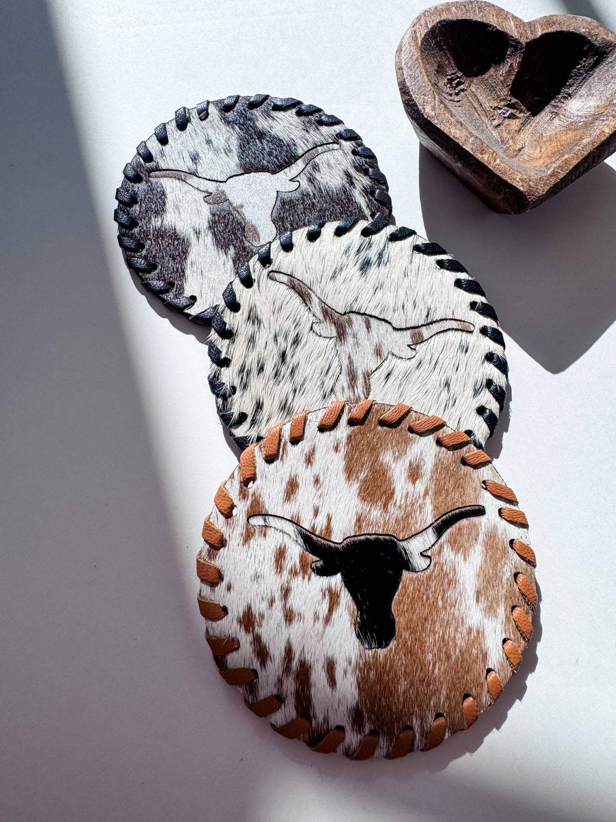 Boho Ranch Shop - Genuine Cowhide Leather Coasters P| Western Hair-On Hide - LONGHORN - BROWN/WHITE