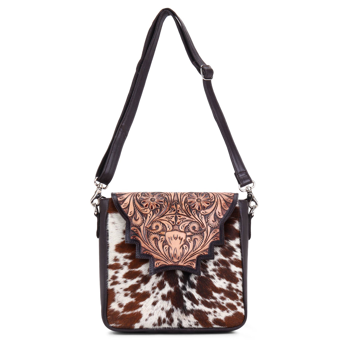 Leather Cowhide Western Hand Tooled Women Crossbody Bag - Tan Aztec with Turquoise Inlay