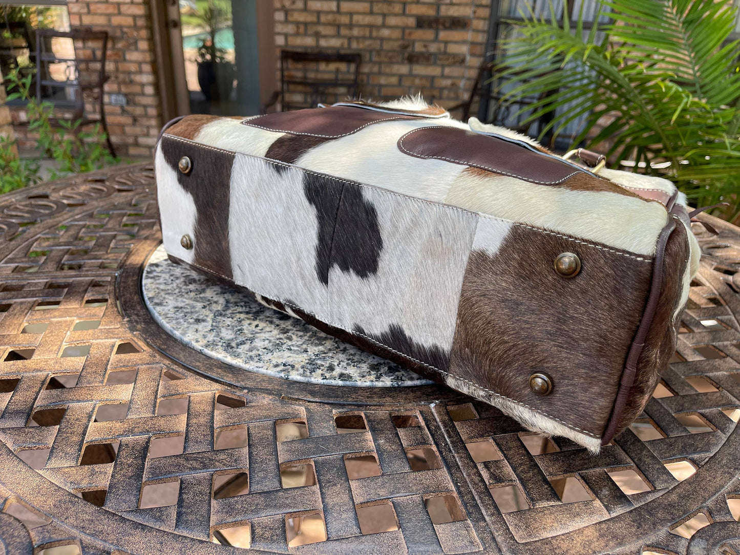 Boho Ranch Shop - Weekender Duffle Leather Hair On Cowhide Duffel Travel Bag - Brown +White Cowhide