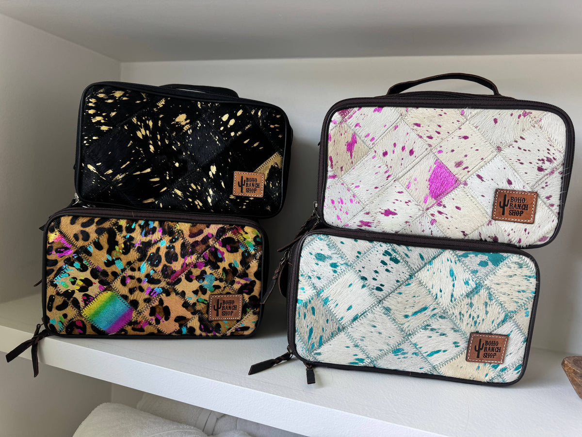 Boho Ranch Shop - MUA COWHIDE COSMETICS TRAVEL bag Genuine Leather makeup mua - TAN + WHITE COWHIDE