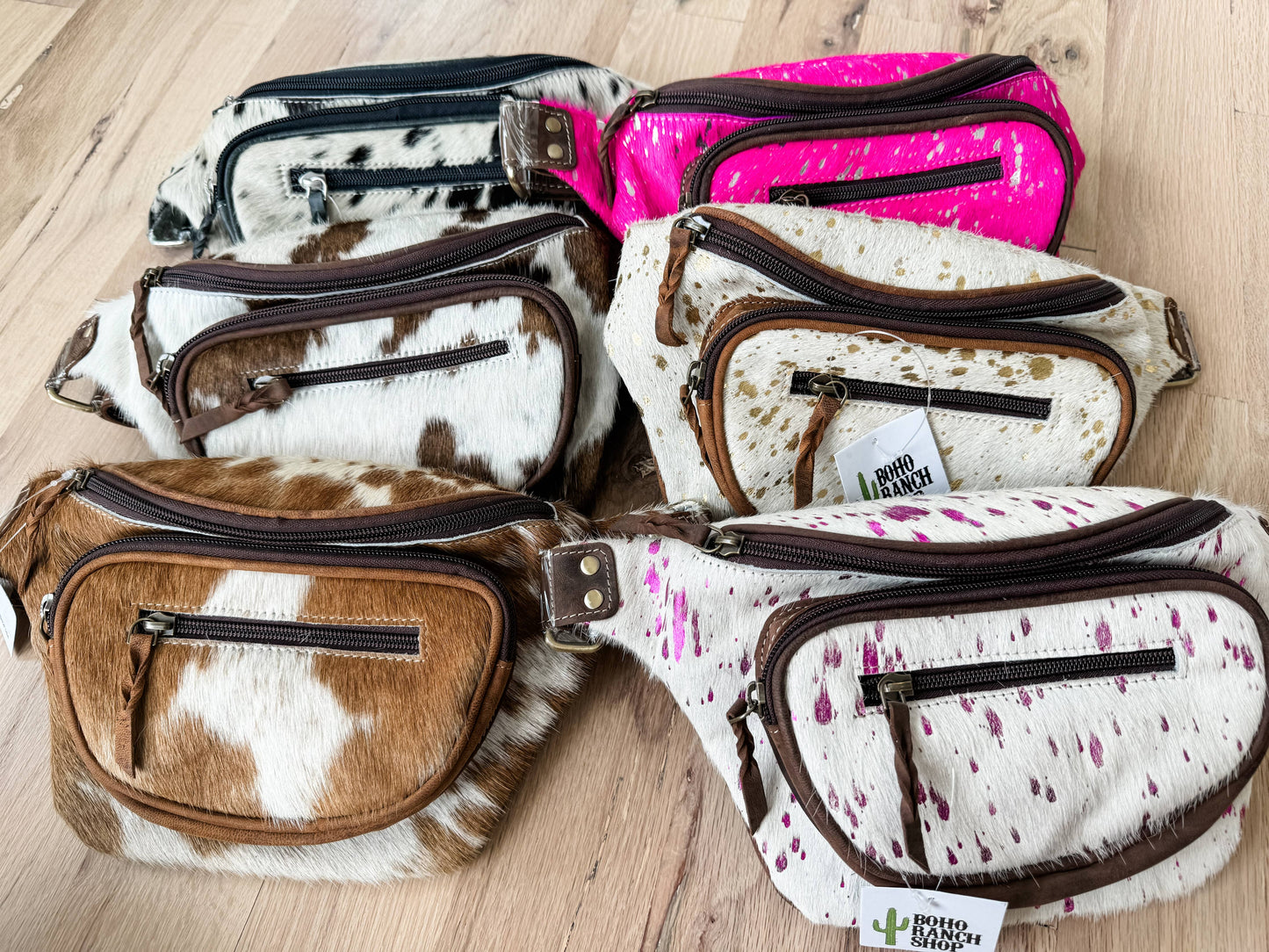 Boho Ranch Shop - Western Hairon Cowhide Fanny Pack - bum bag sling bag - Black + White Cowhde