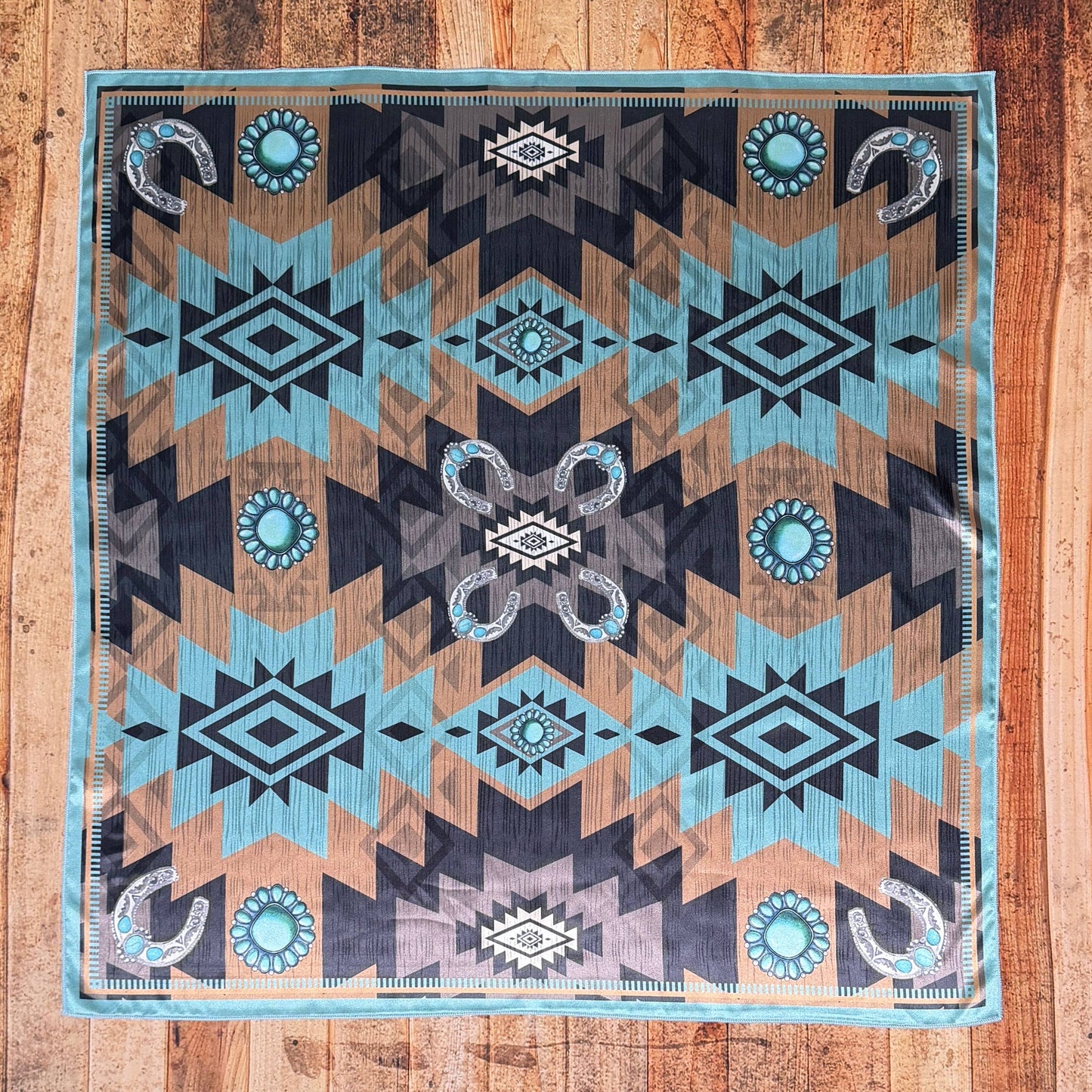 AZTEC PRINT SQUARE WILD RAG 36X36 - Teal/Mocha