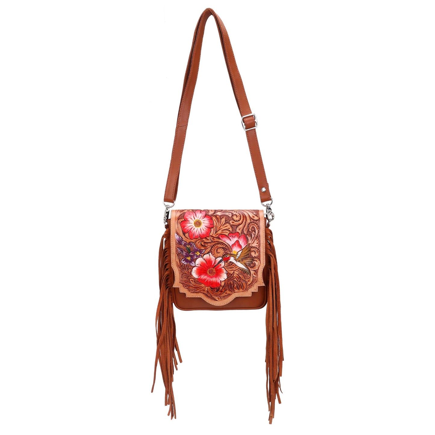 Sixtease Bags USA - Leather Cowhide Western Hand Tooled Women Small Crossbody - Black White Cowhide Inlay with Tan Floral Hand Tooled