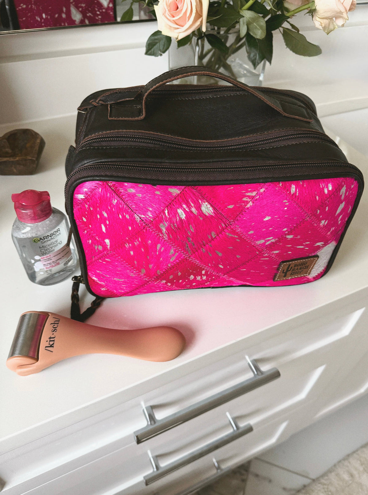 Boho Ranch Shop - MUA COWHIDE COSMETICS TRAVEL bag Genuine Leather makeup mua - TAN + WHITE COWHIDE