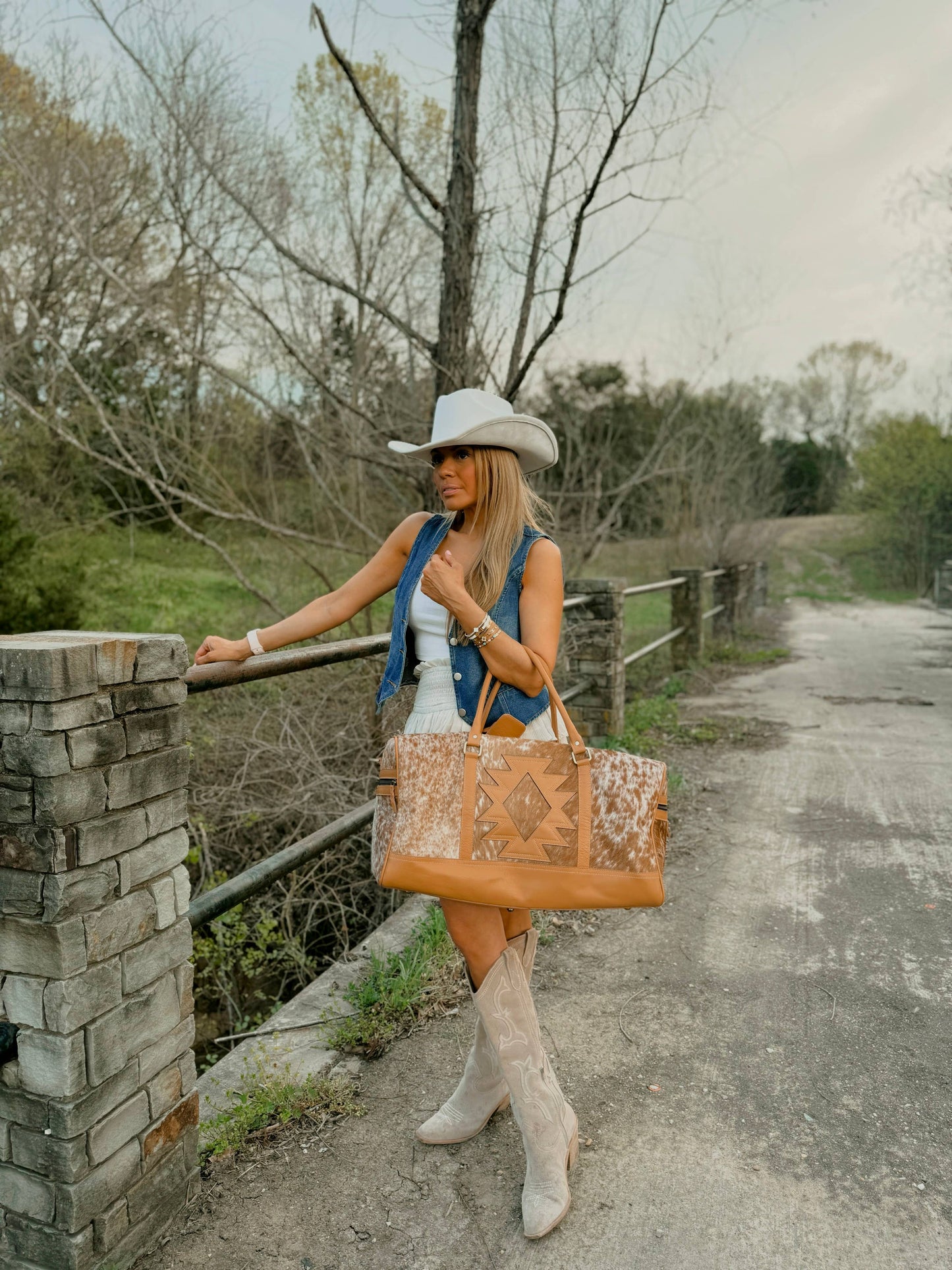 Boho Ranch Shop - AZTEC TRAVEL DUFFLE leather hair on cowhide travel bag