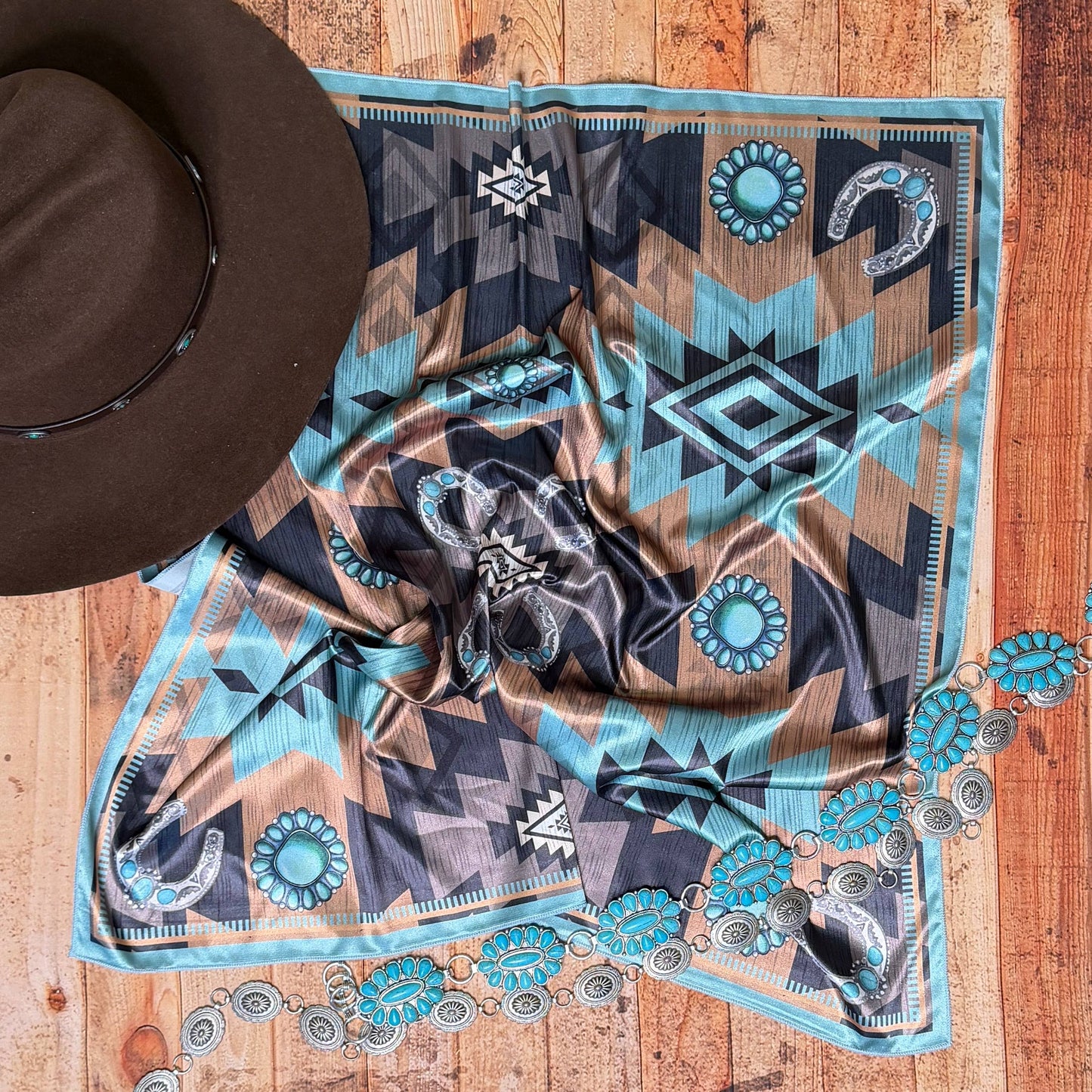AZTEC PRINT SQUARE WILD RAG 36X36 - Teal/Mocha