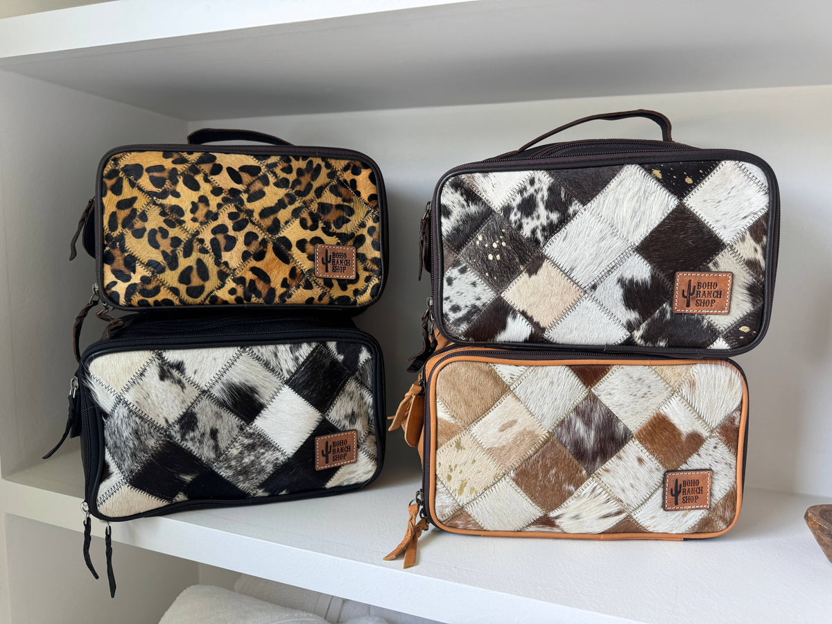 Boho Ranch Shop - MUA COWHIDE COSMETICS TRAVEL bag Genuine Leather makeup mua - TAN + WHITE COWHIDE