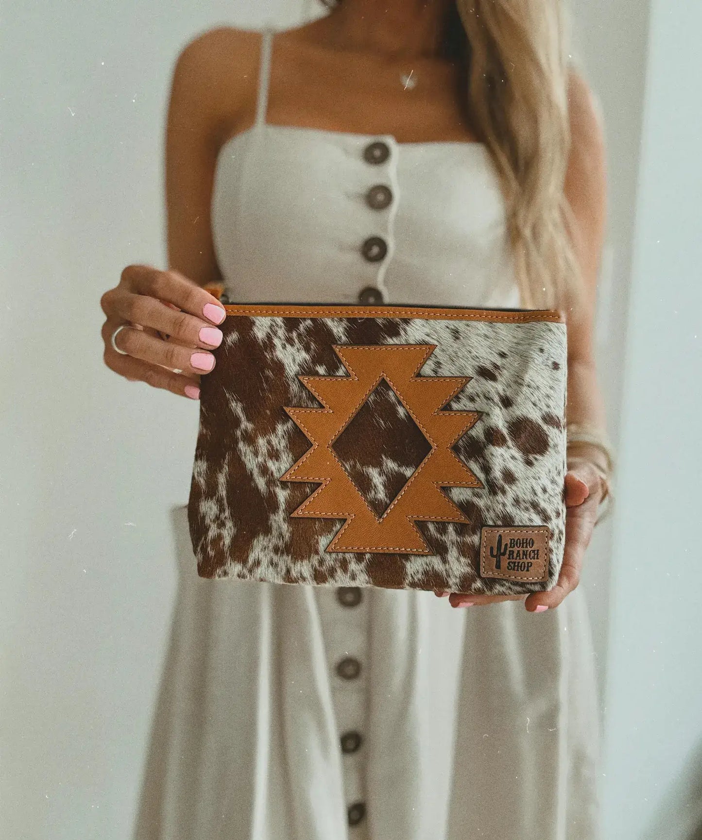 Boho Ranch Shop - COWHIDE AZTEC  MAKEUP bag Genuine Hair On travel - Black Leather