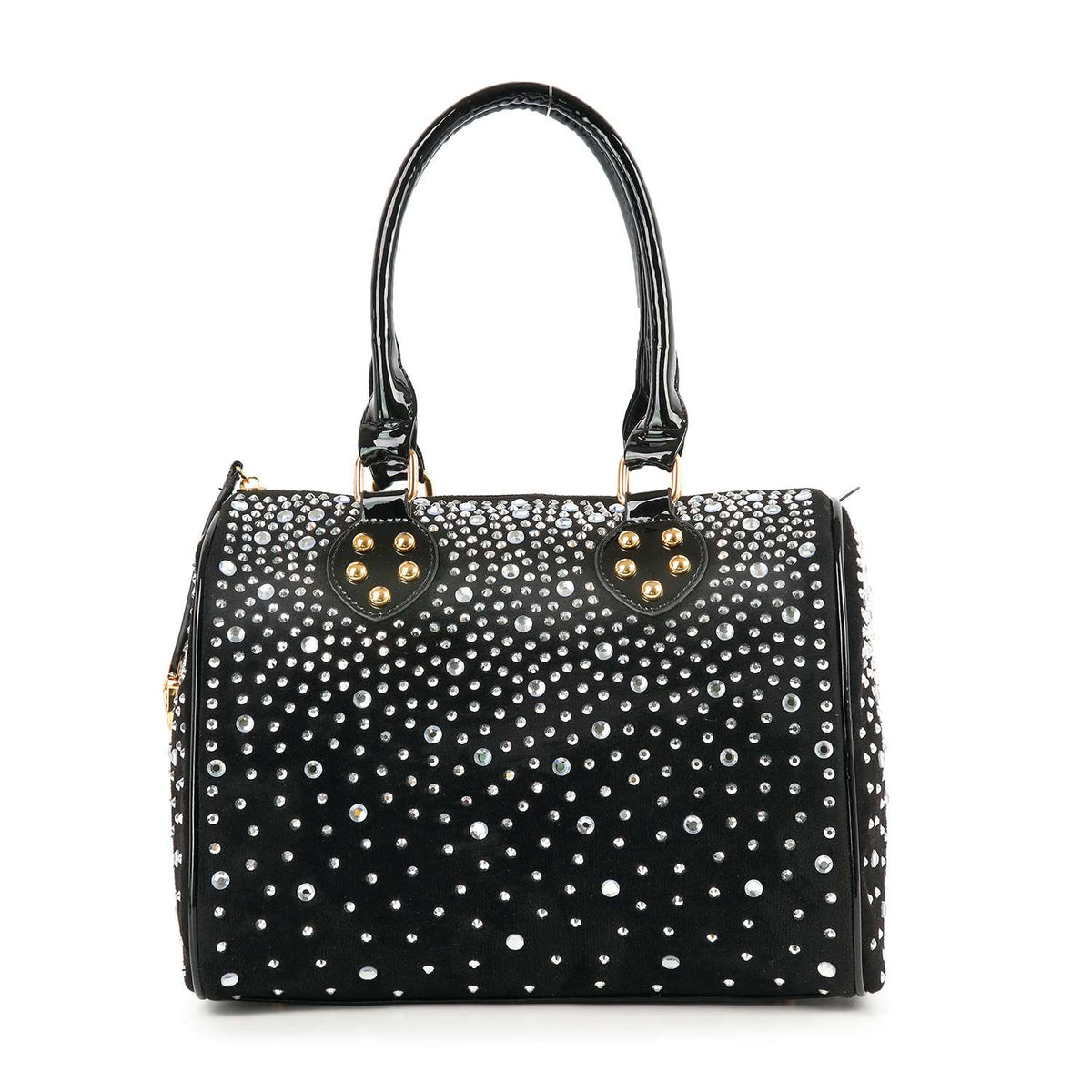 Rhinestone Covered Locked Satchel Handbag - Black