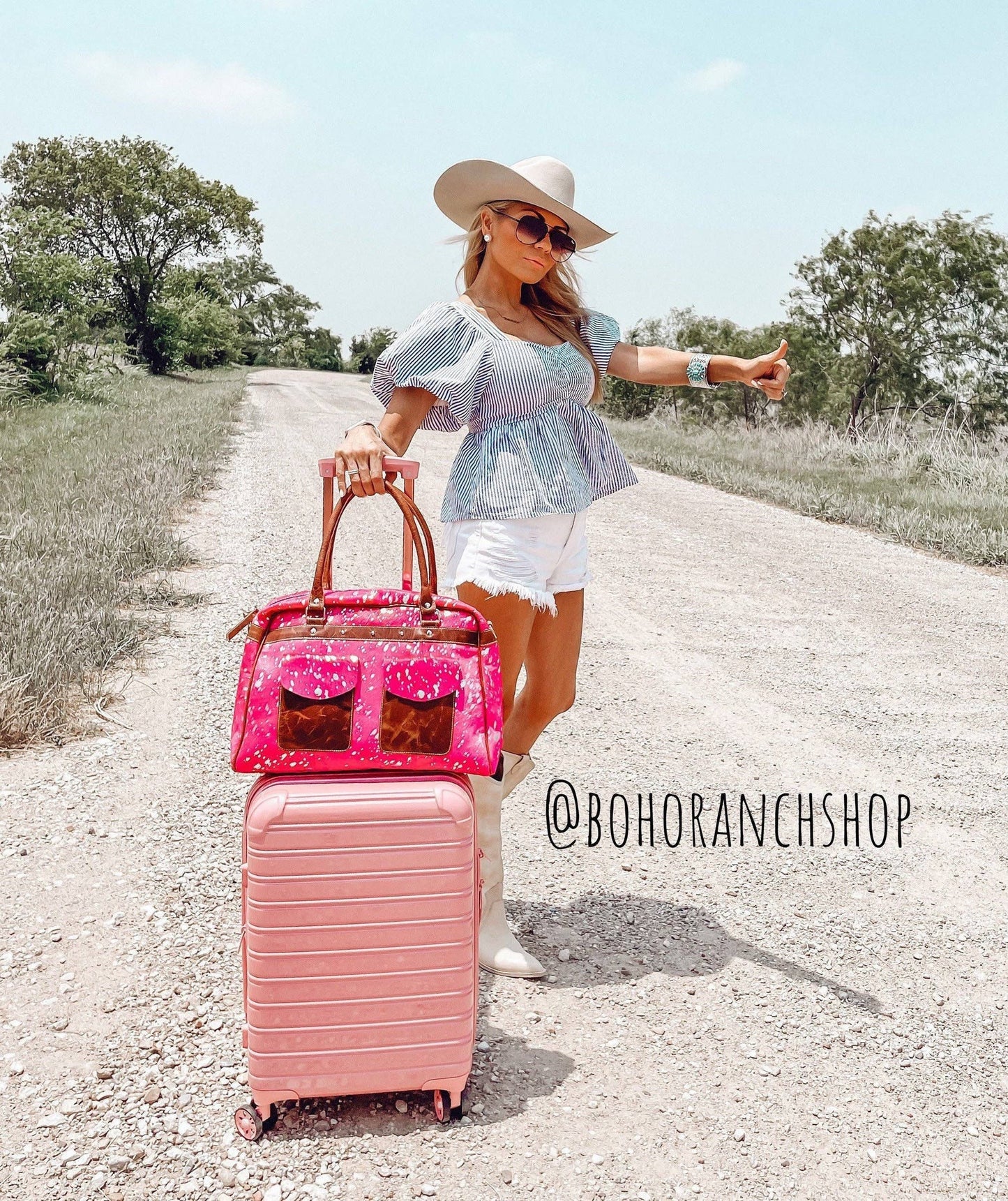 Boho Ranch Shop - Weekender Duffle Leather Hair On Cowhide Duffel Travel Bag - Brown +White Cowhide